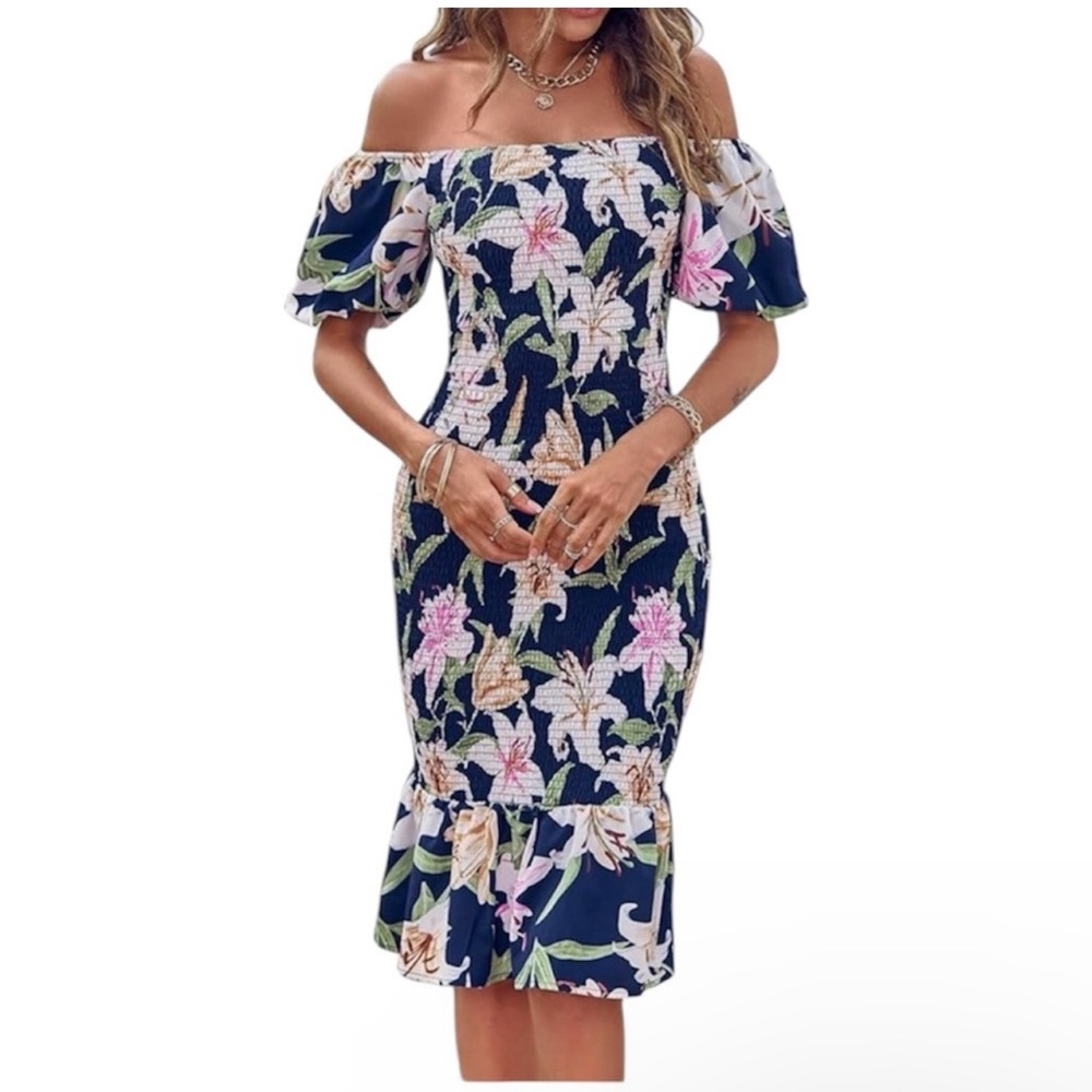 Pretty Garden Women’s Large Smocked Fit and Flare Floral Dress Puff Sleeve